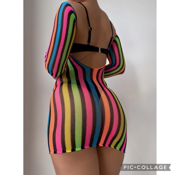 Y2K Beach Festival Striped Colorful Hollow Out Mesh Cover Up - Picture 2 of 6